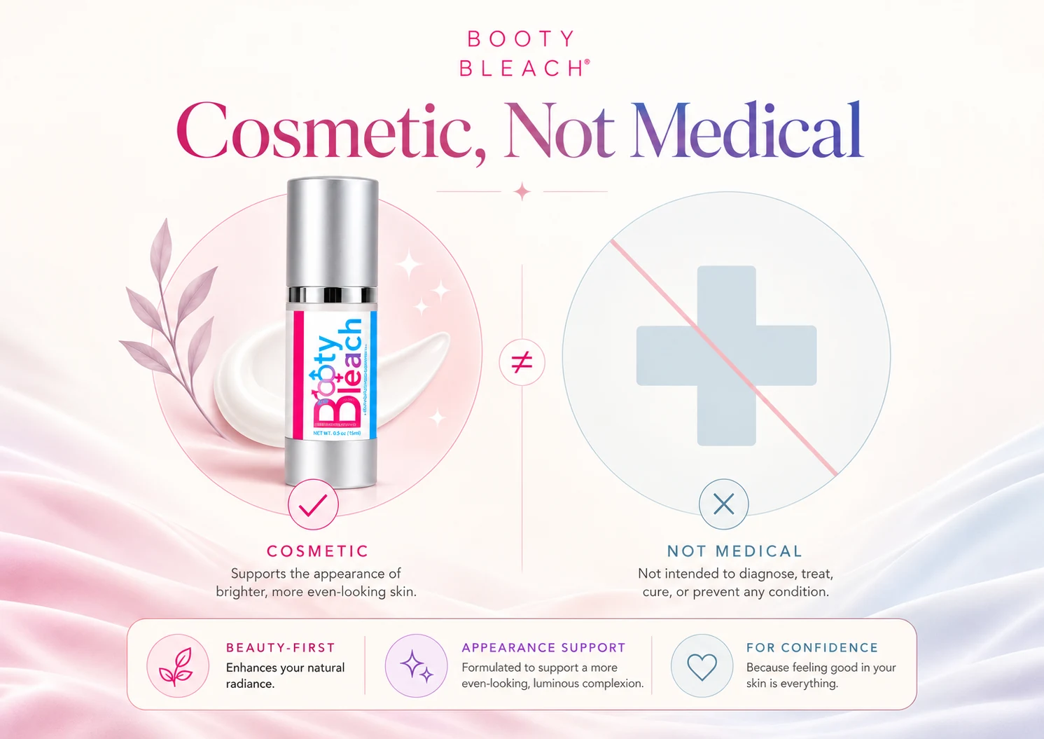 Booty Bleach bottle and cosmetic-versus-medical care comparison